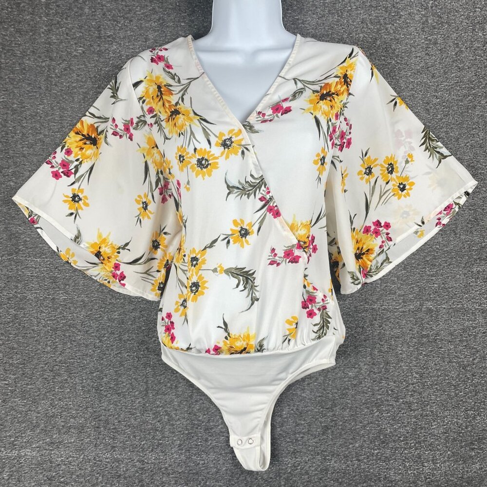 Express Bodysuit Womens Size XS Faux Wrap Boho Flowy Sheer Hippie Floral Office